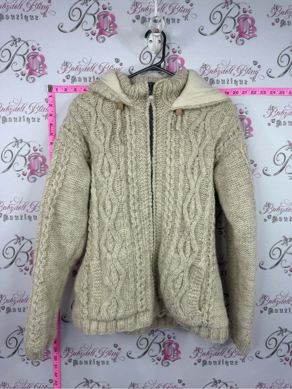 LAUNDROMAT wool jacket thick warm Cream Cable Knit Zip-Front Hooded Sweater
